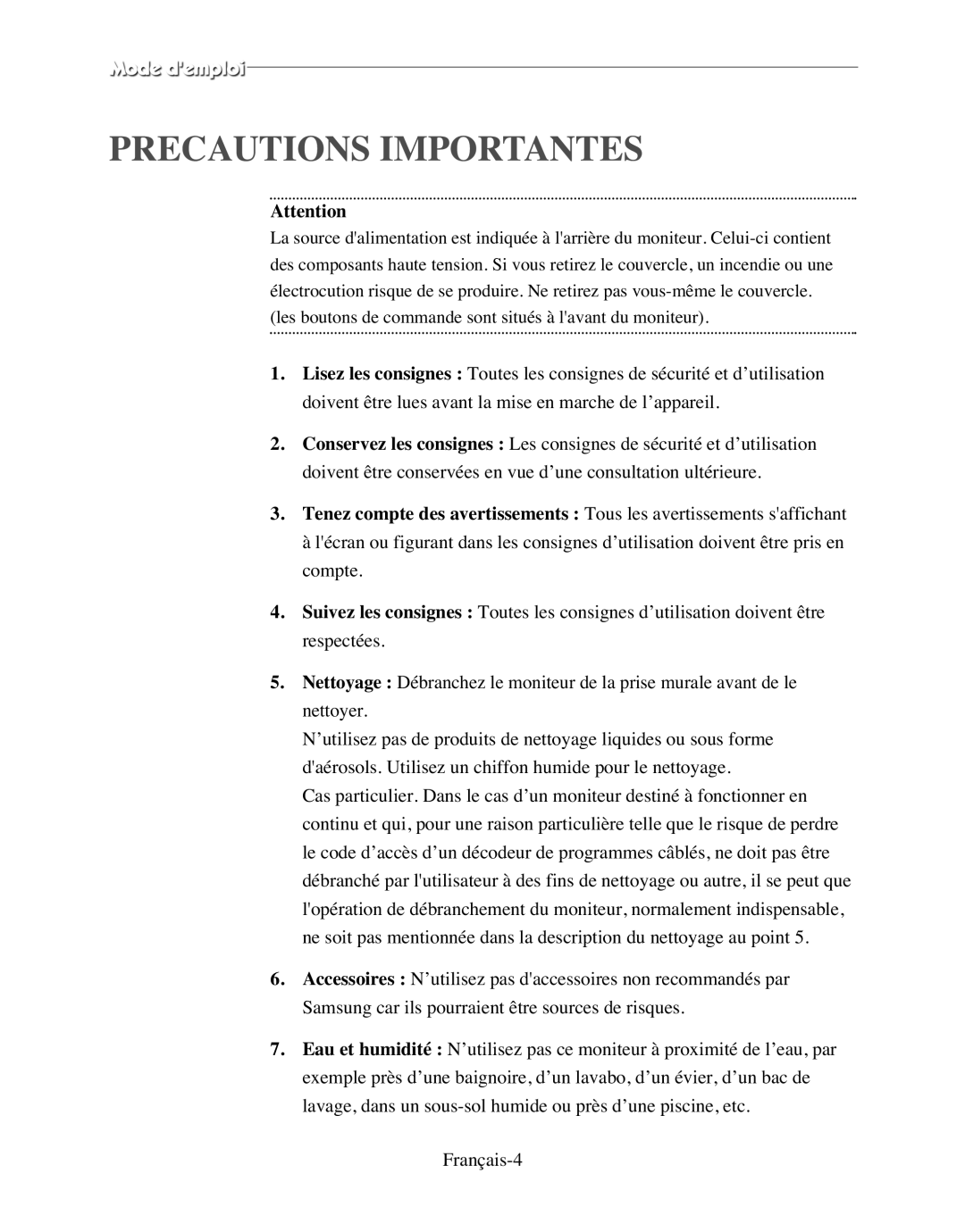 Samsung SMO-120P manual Precautions Importantes 