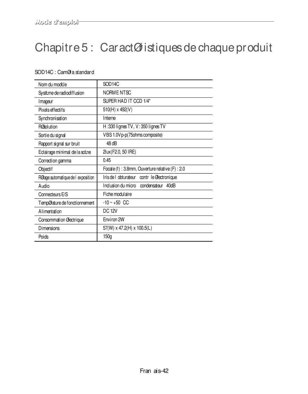 Samsung SMO-120P manual Français-42, SOD14C Caméra standard 