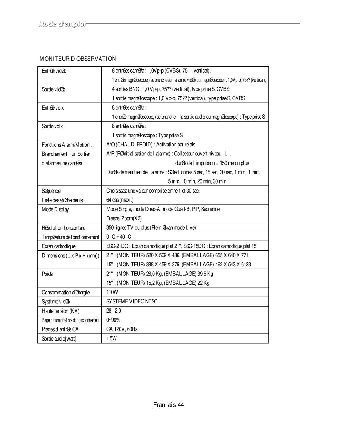 Samsung SMO-120P manual Français-44, Moniteur D’OBSERVATION 