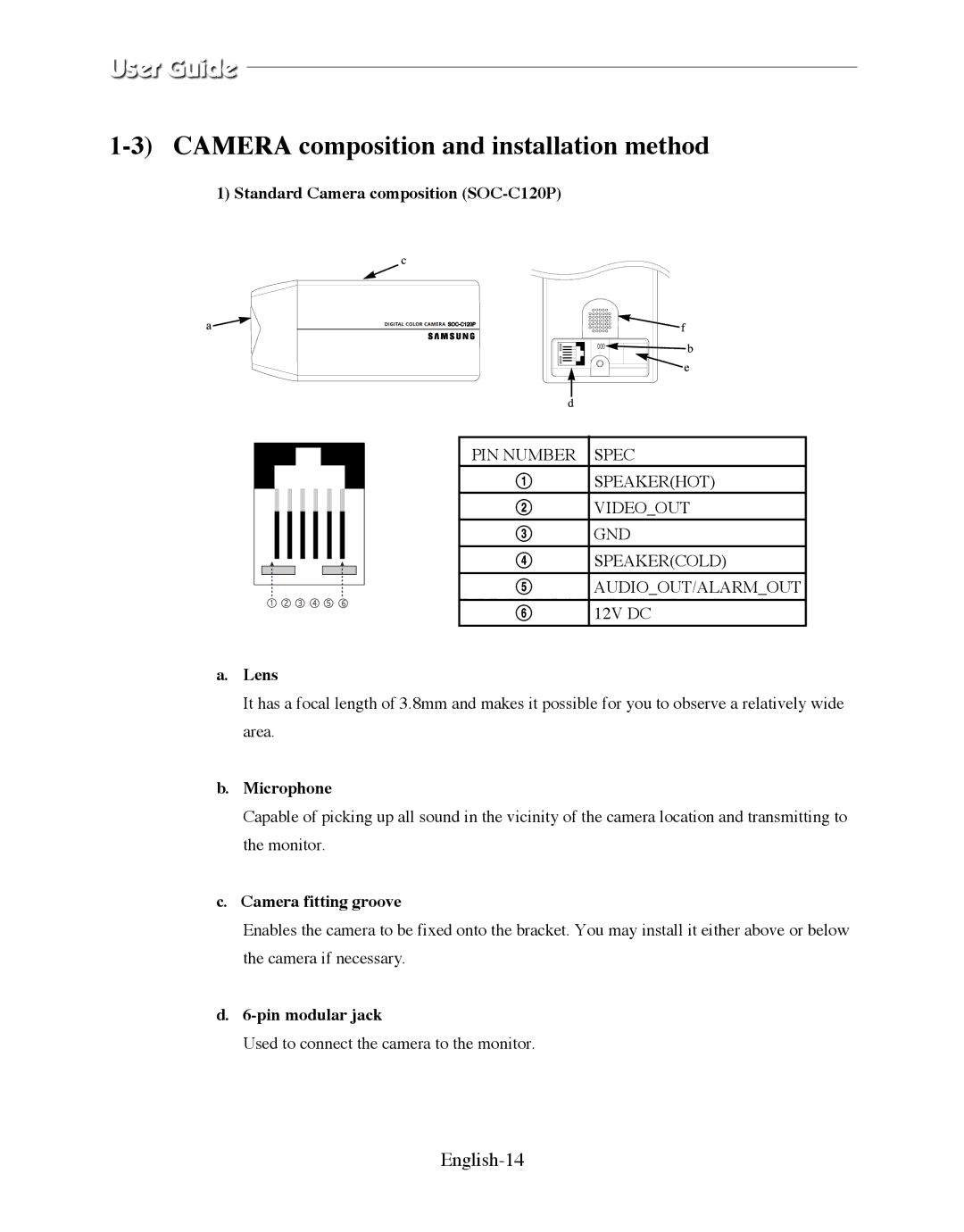 Samsung SMO-150QPV, SMO-150QP/UMG manual Camera composition and installation method, English-14 