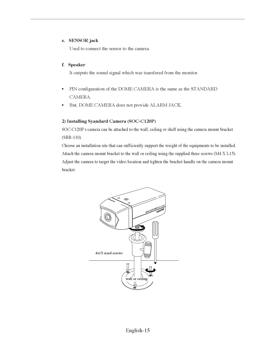 Samsung SMO-150QP/UMG, SMO-150QPV manual English-15, Sensor jack, Speaker, Installing Syandard Camera SOC-C120P 