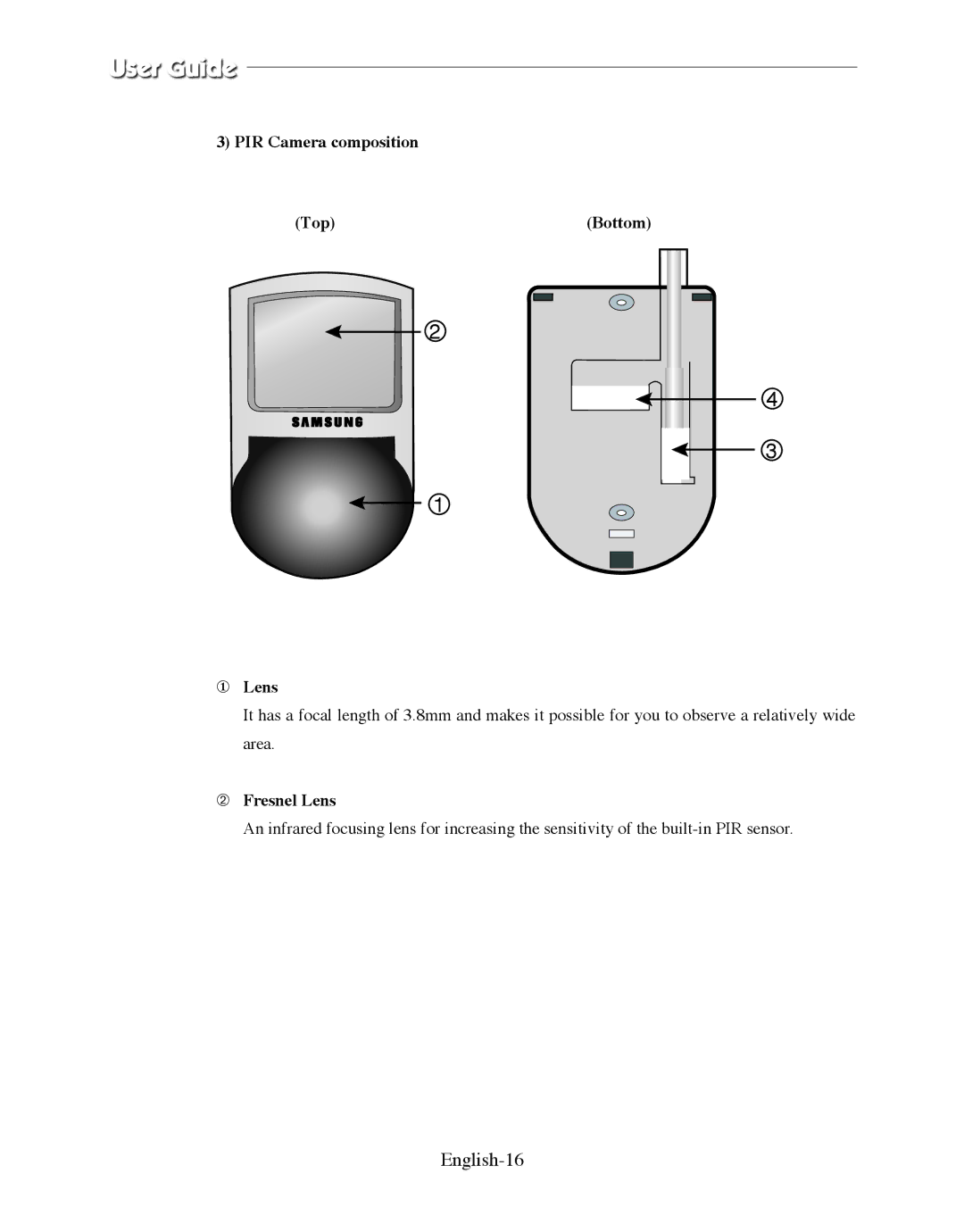 Samsung SMO-150QPV, SMO-150QP/UMG manual English-16, PIR Camera composition Top Bottom ① Lens, ➁ Fresnel Lens 