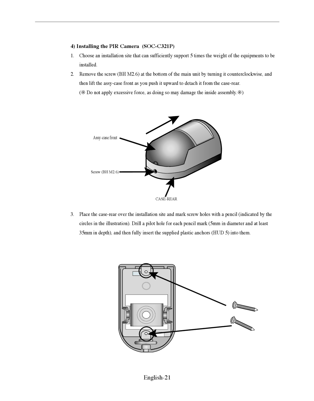 Samsung SMO-150QP/UMG, SMO-150QPV manual English-21, Installing the PIR Camera SOC-C321P 