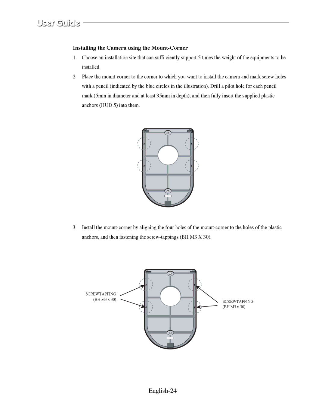 Samsung SMO-150QPV, SMO-150QP/UMG manual English-24, Installing the Camera using the Mount-Corner 