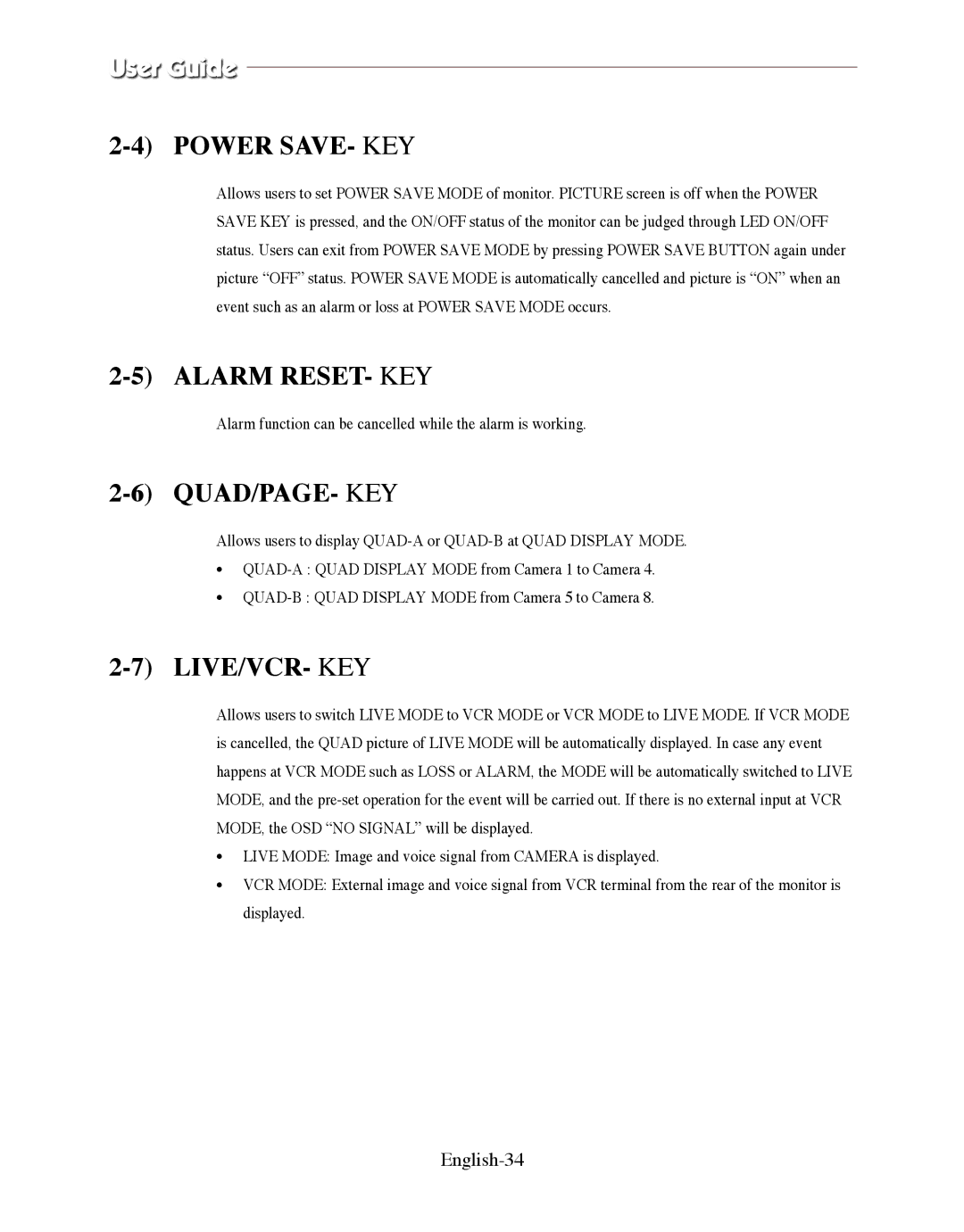 Samsung SMO-150QPV, SMO-150QP/UMG manual Power SAVE- KEY, Alarm RESET- KEY, Quad/Page- Key, Live/Vcr- Key, English-34 