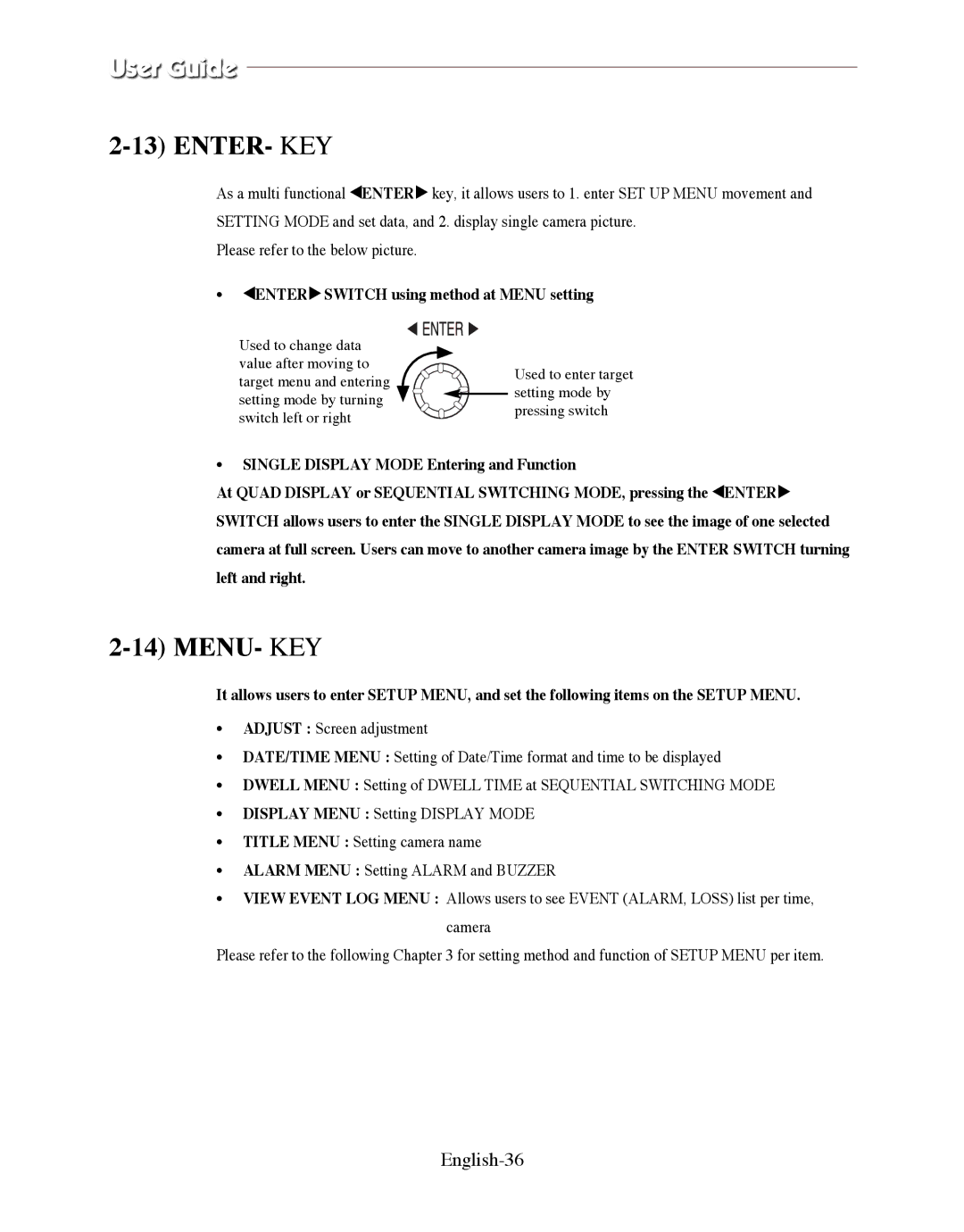 Samsung SMO-150QPV, SMO-150QP/UMG manual Enter- Key, Menu- Key, English-36, ŒENTER√ Switch using method at Menu setting 