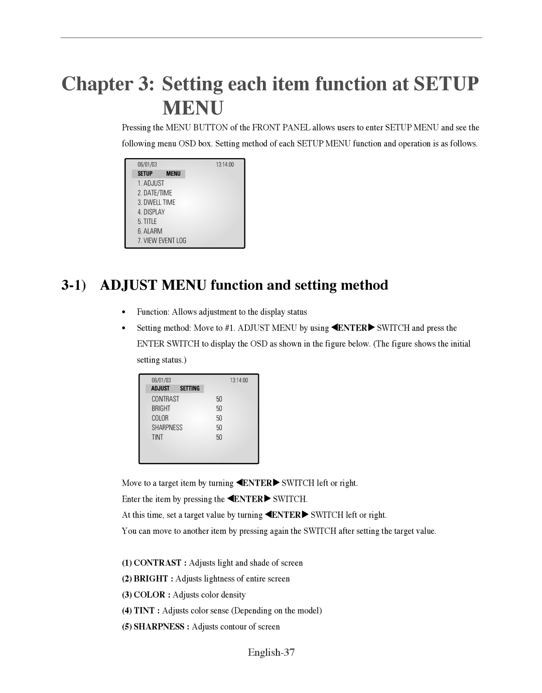 Samsung SMO-150QP/UMG manual Setting each item function at Setup Menu, Adjust Menu function and setting method, English-37 