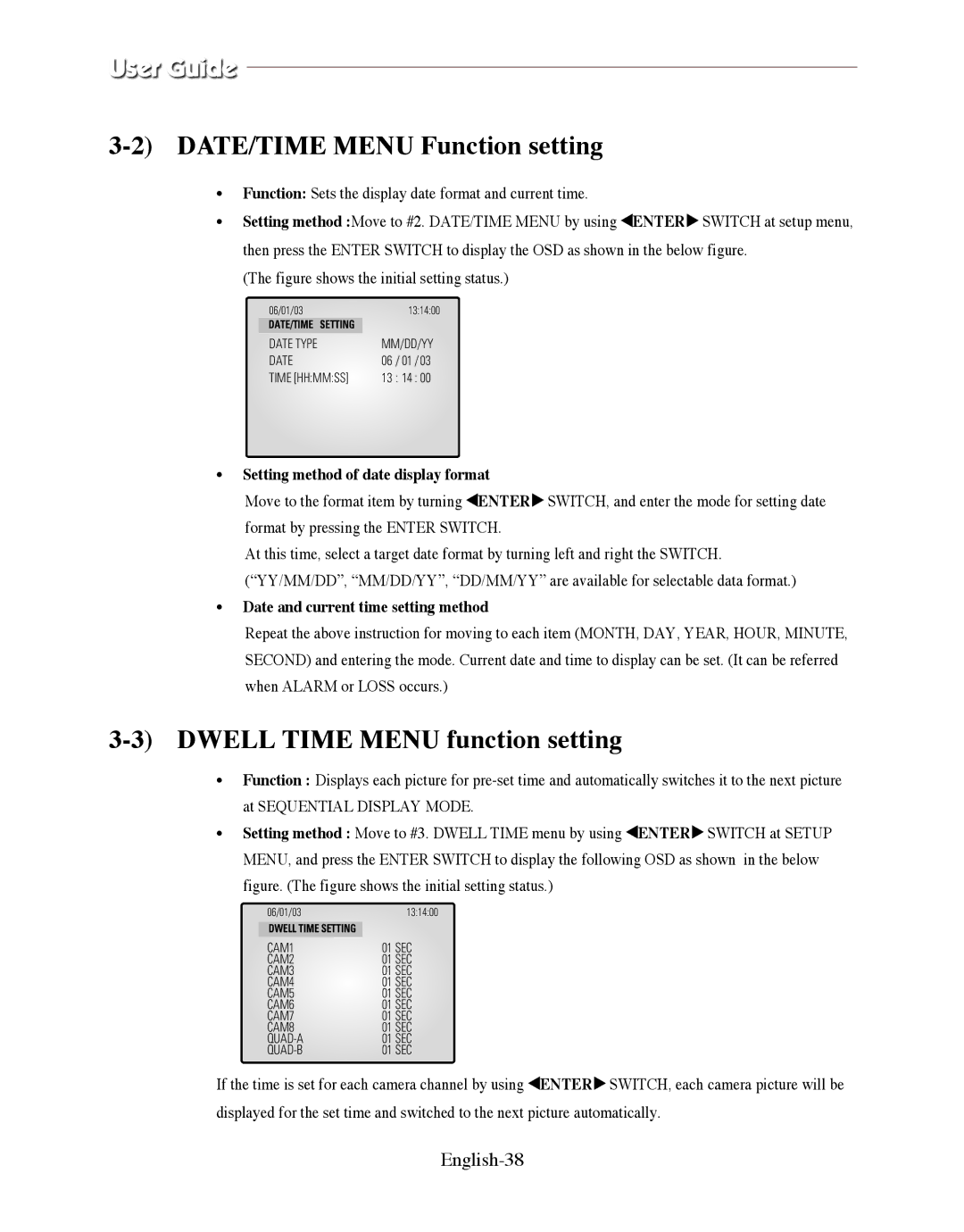 Samsung SMO-150QPV, SMO-150QP/UMG manual DATE/TIME Menu Function setting, Dwell Time Menu function setting, English-38 