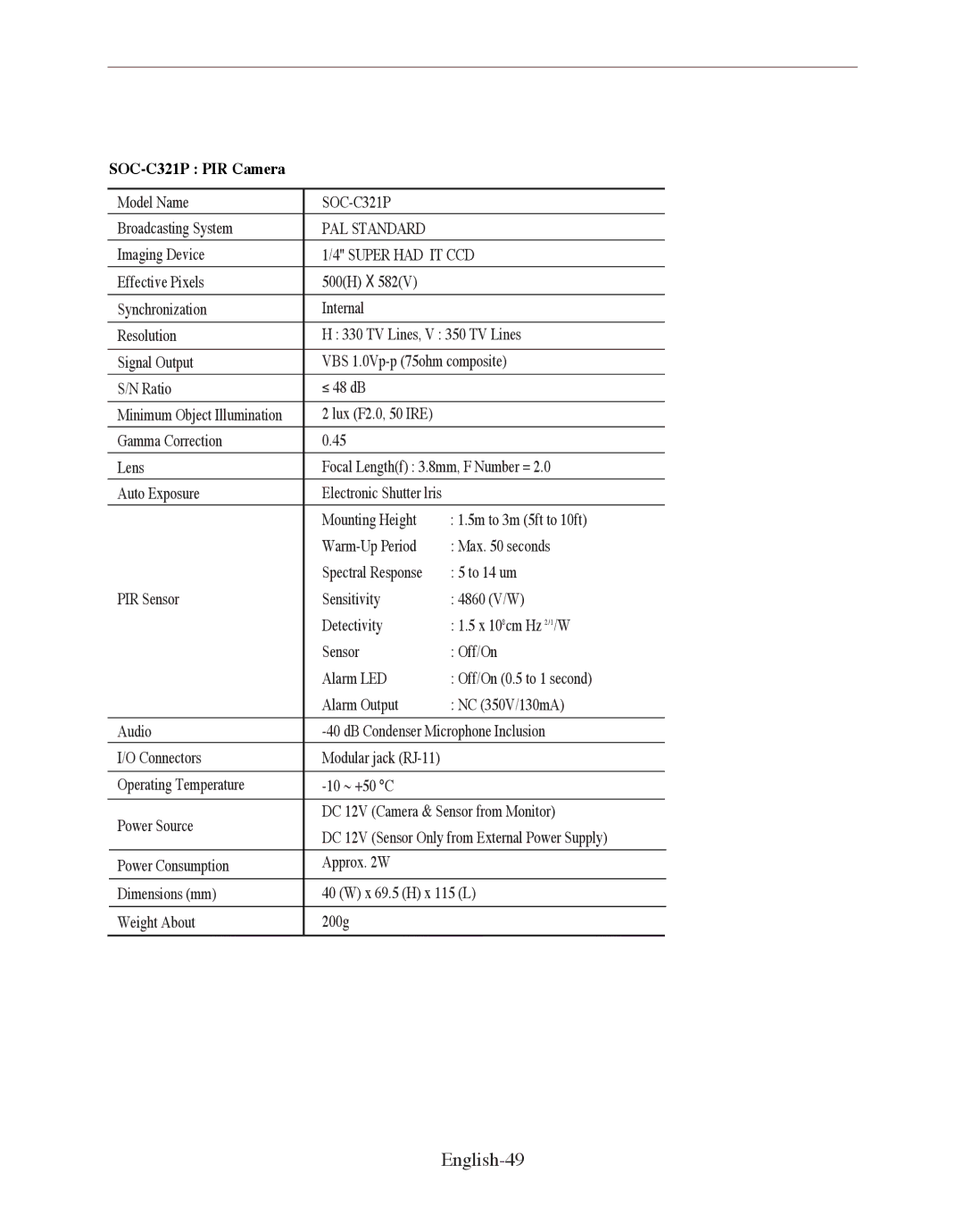 Samsung SMO-150QP/UMG, SMO-150QPV manual English-49, SOC-C321P PIR Camera 