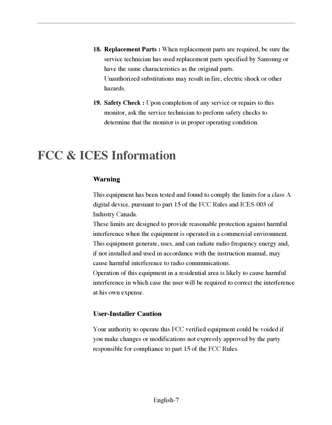 Samsung SMO-150QP/UMG, SMO-150QPV manual FCC & Ices Information, User-Installer Caution 