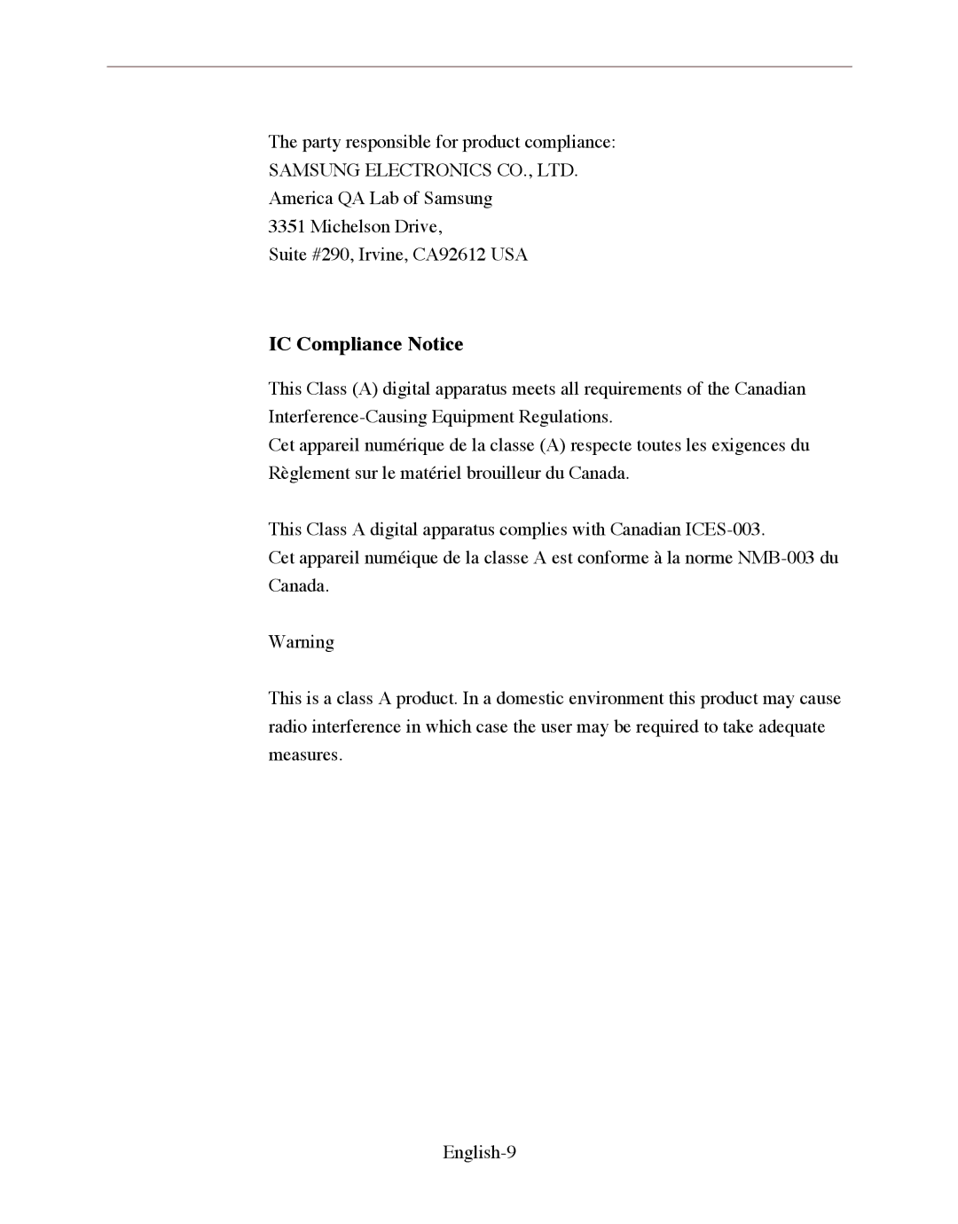 Samsung SMO-150QP/UMG, SMO-150QPV manual IC Compliance Notice 