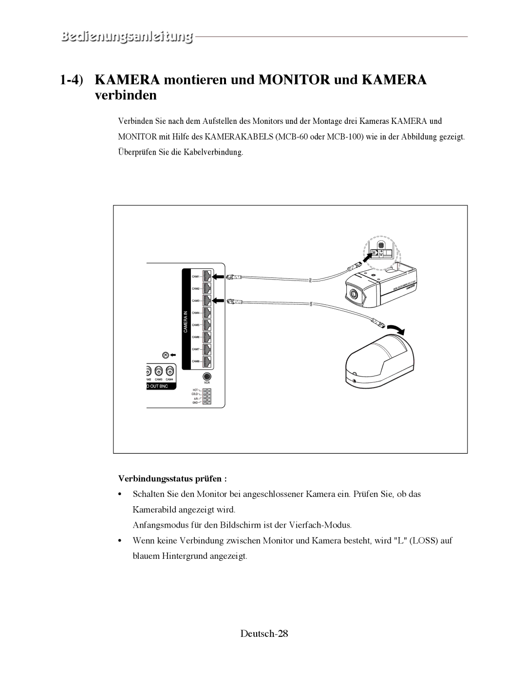 Samsung SMO-150QPV manual Kamera montieren und Monitor und Kamera verbinden, Deutsch-28, Verbindungsstatus prüfen 