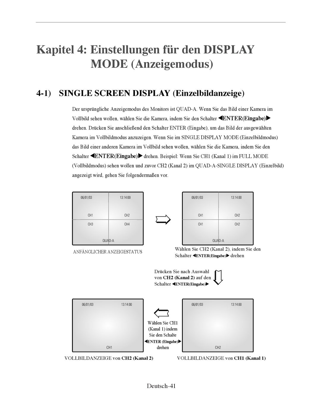 Samsung SMO-150QPV manual Single Screen Display Einzelbildanzeige, Deutsch-41 