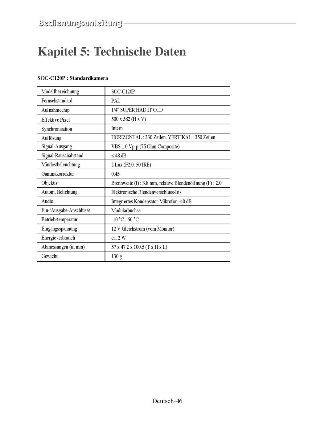 Samsung SMO-150QPV manual Deutsch-46, SOC-C120P Standardkamera 