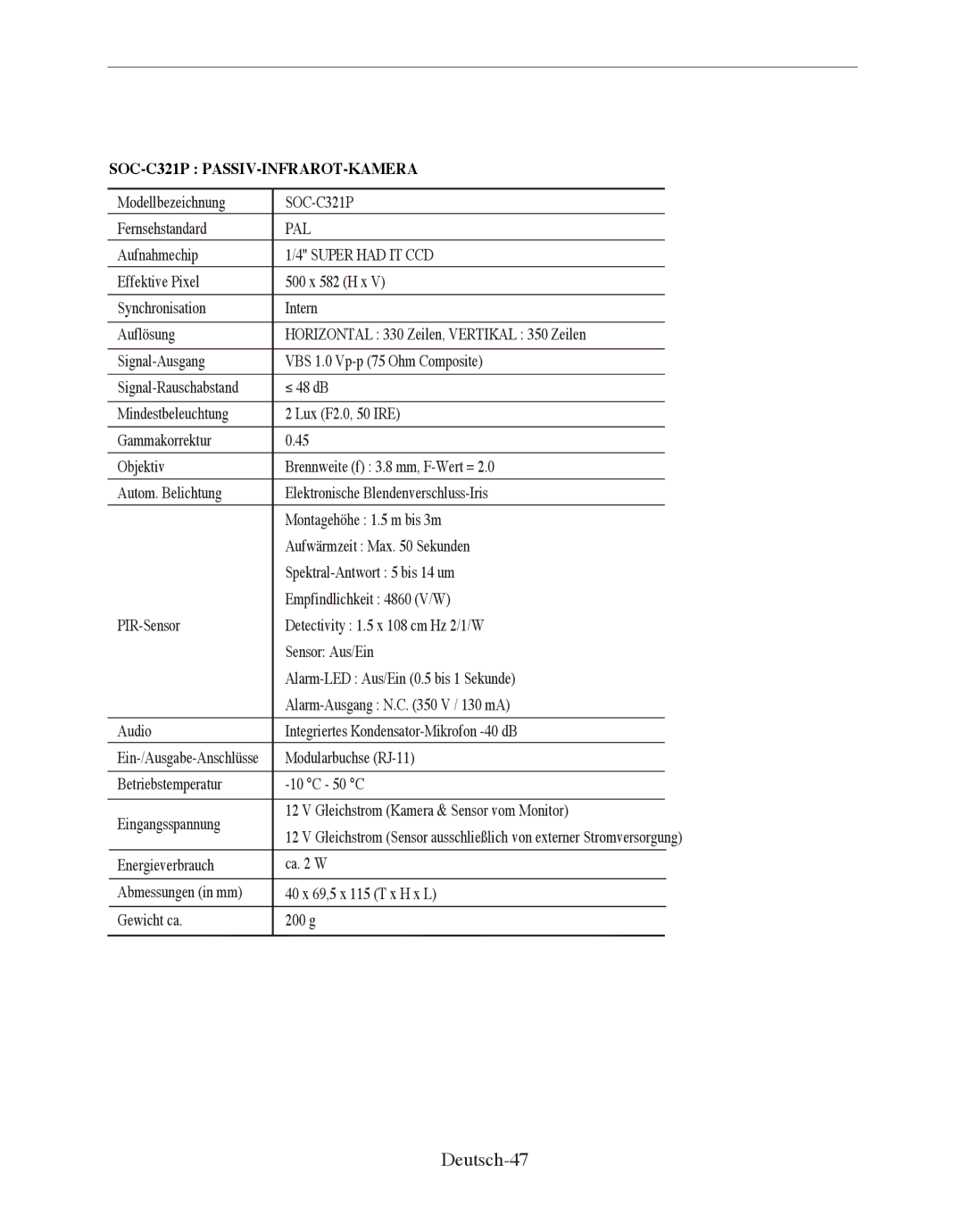 Samsung SMO-150QPV manual Deutsch-47, SOC-C321P PASSIV-INFRAROT-KAMERA 