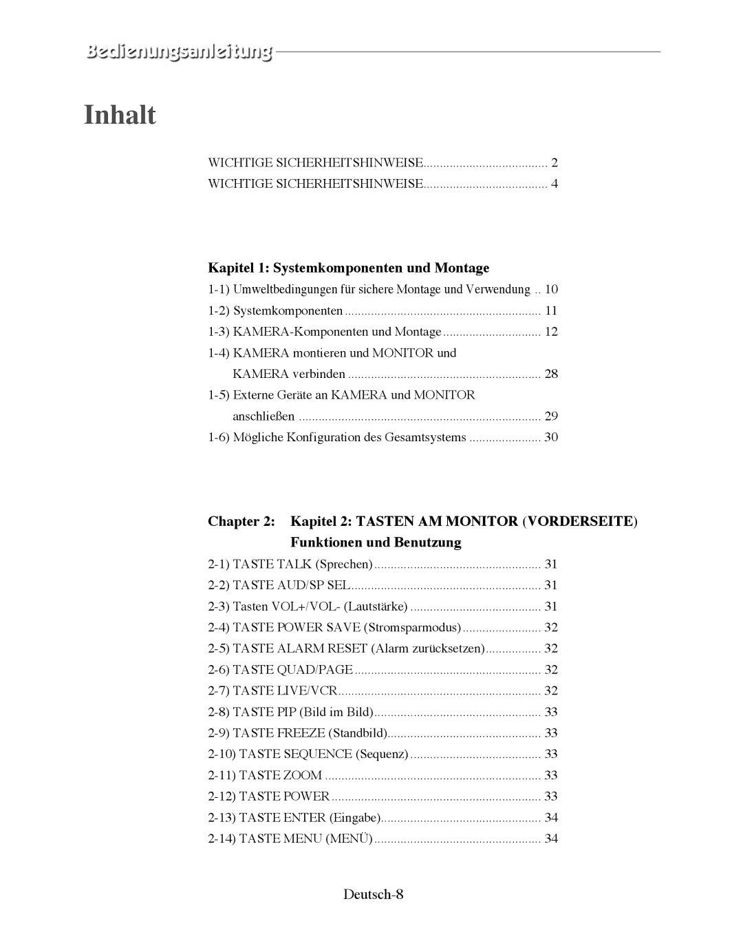 Samsung SMO-150QPV manual Inhalt, Deutsch-8 