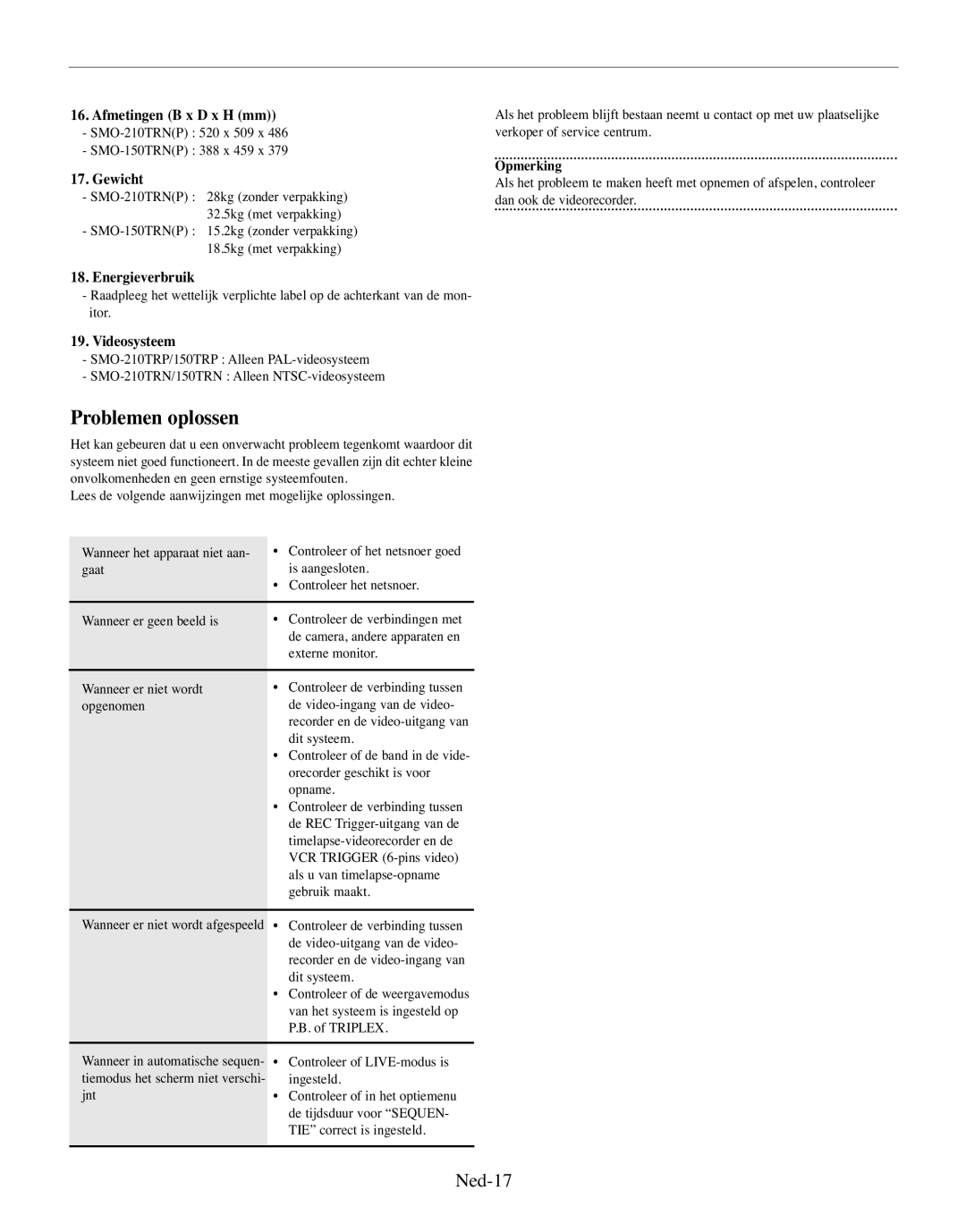 Samsung SMO-150TRP, SMO-150MP/UMG manual Problemen oplossen, Ned-17, Afmetingen B x D x H mm, Energieverbruik, Videosysteem 