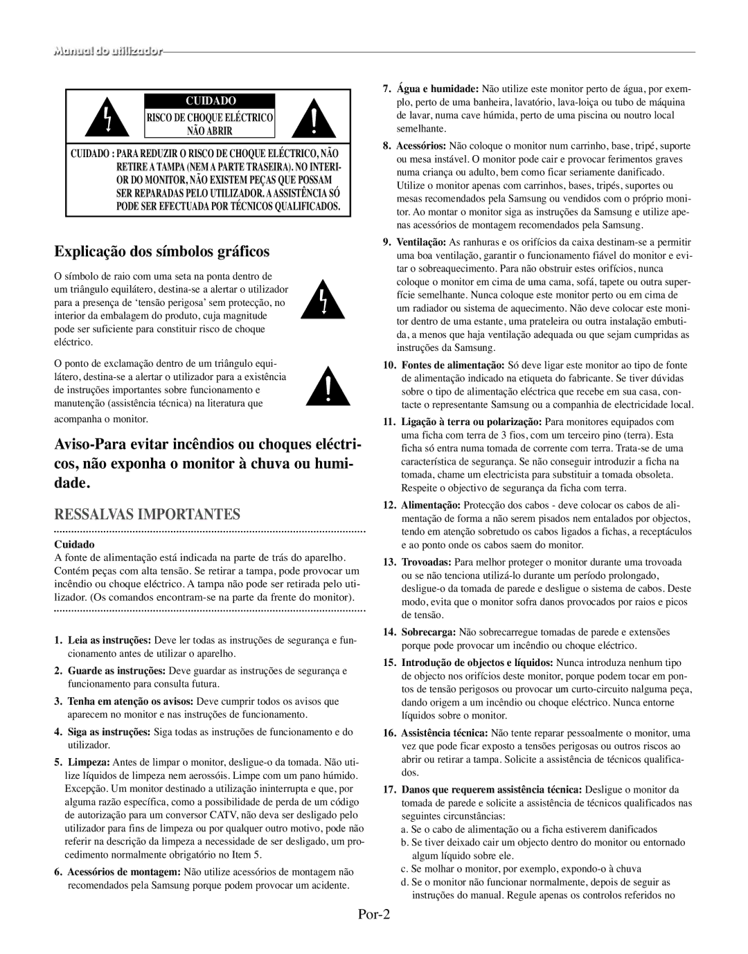 Samsung SMO-150TRP, SMO-150MP/UMG manual Explicação dos símbolos gráficos, Por-2, Acompanha o monitor, Cuidado 