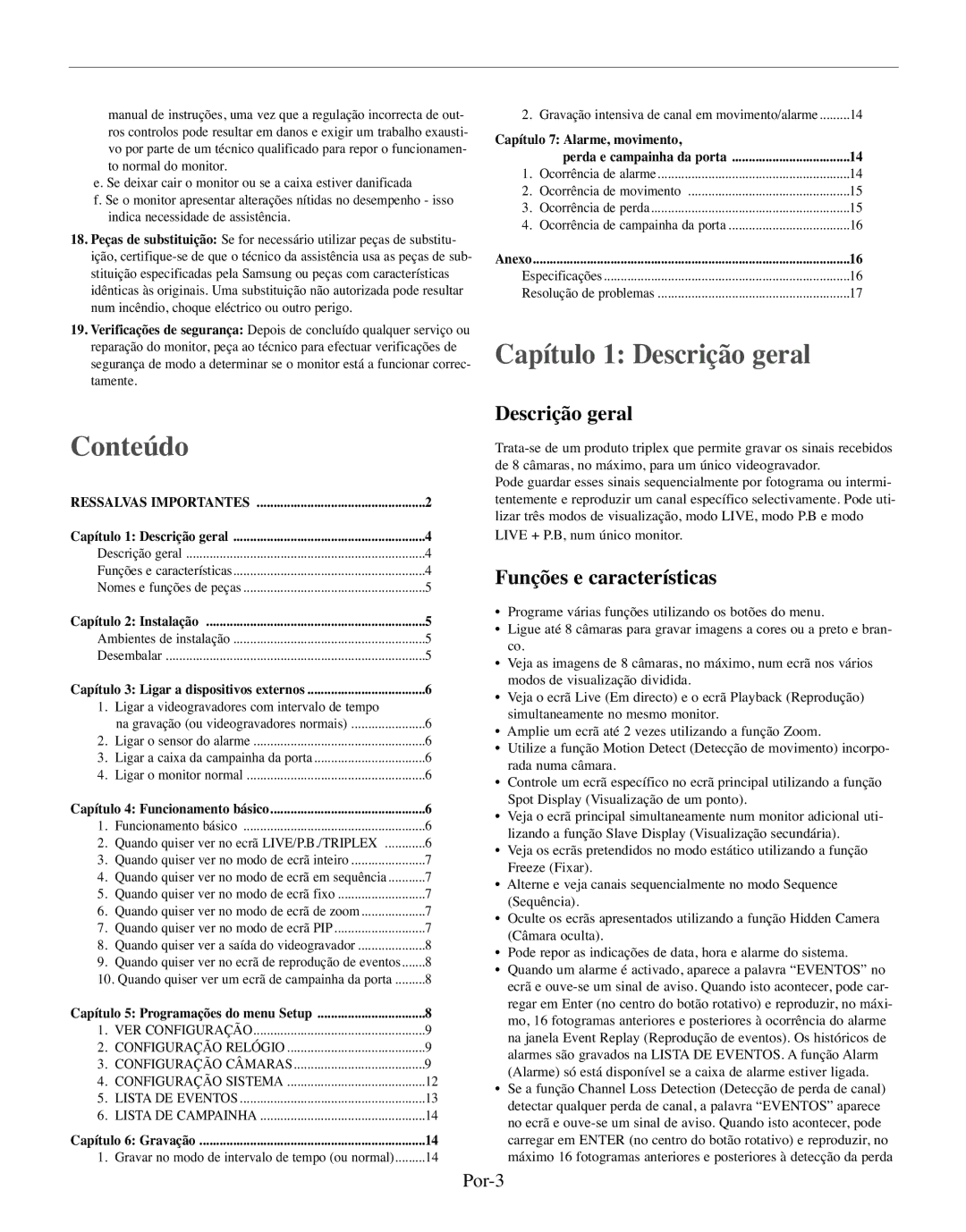 Samsung SMO-150MP/UMG Capítulo 1 Descrição geral Conteúdo, Funções e características, Por-3, Capítulo 7 Alarme, movimento 