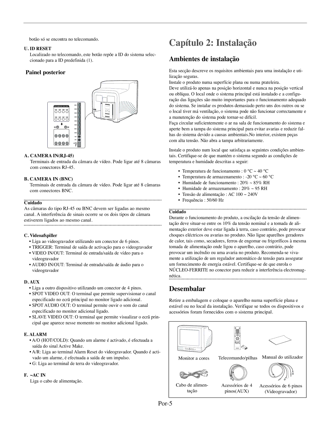 Samsung SMO-150MP/UMG, SMO-150TRP manual Capítulo 2 Instalação, Ambientes de instalação, Desembalar, Por-5, Painel posterior 