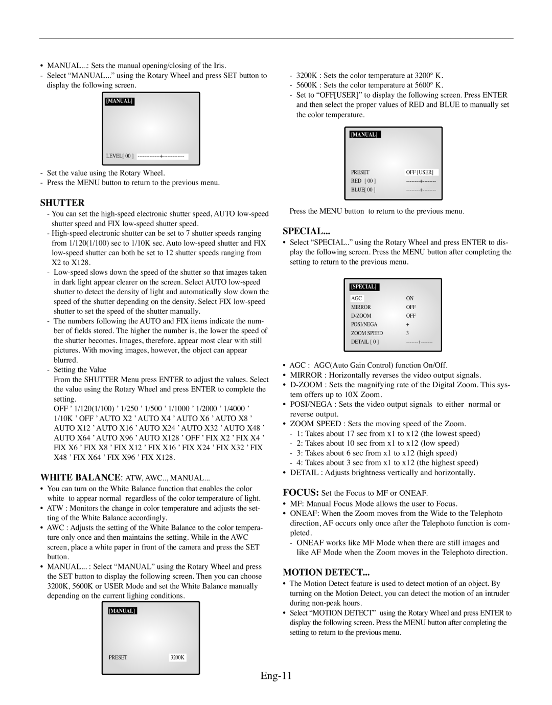 Samsung SMO-150MP/UMG, SMO-150TRP manual Eng-11, Shutter, Special, Motion Detect, White Balance ATW, AWC.., Manual 