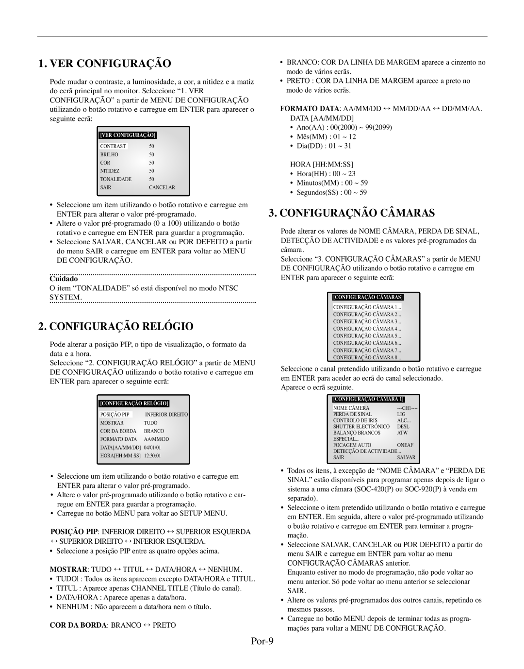 Samsung SMO-150MP/UMG, SMO-150TRP manual VER Configuração, Configuração Relógio, Configuraçnão Câmaras, Por-9 