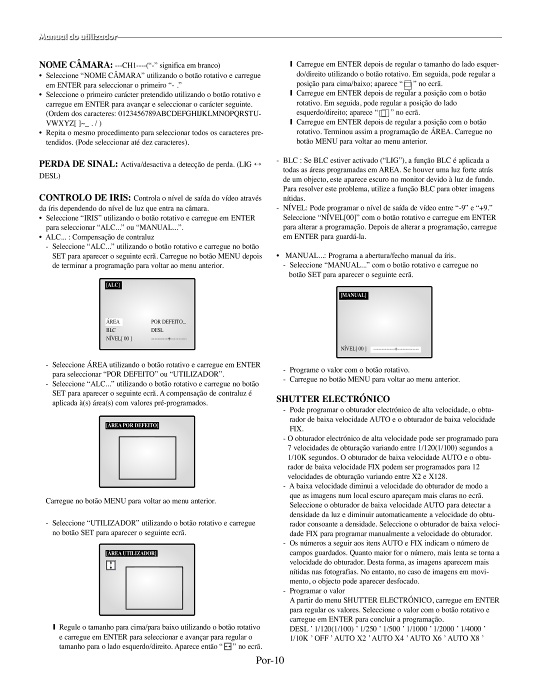 Samsung SMO-150TRP, SMO-150MP/UMG manual Por-10, Shutter Electrónico, Desl, Área POR Defeito, Área Utilizador 