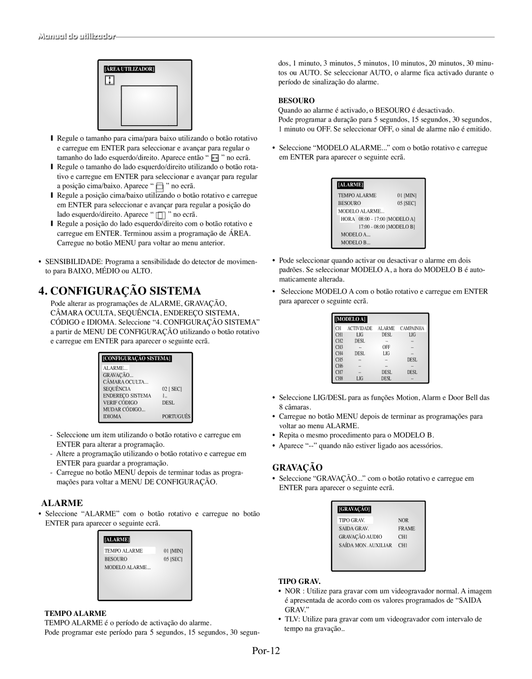 Samsung SMO-150TRP, SMO-150MP/UMG manual Configuração Sistema, Por-12, Gravação, Alarme 