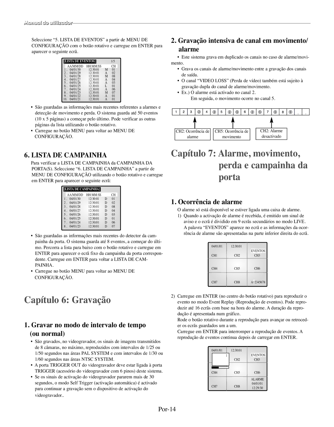 Samsung SMO-150TRP manual Capítulo 6 Gravação, Capítulo 7 Alarme, movimento, perda e campainha da porta, Lista DE Campainha 