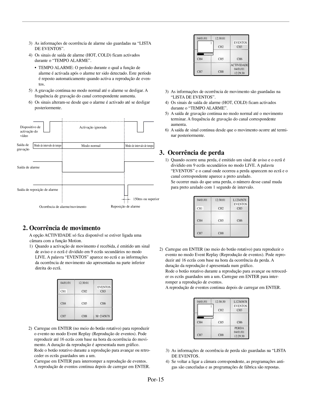 Samsung SMO-150MP/UMG, SMO-150TRP manual Ocorrência de perda, Ocorrência de movimento, Por-15, Lista DE Eventos 