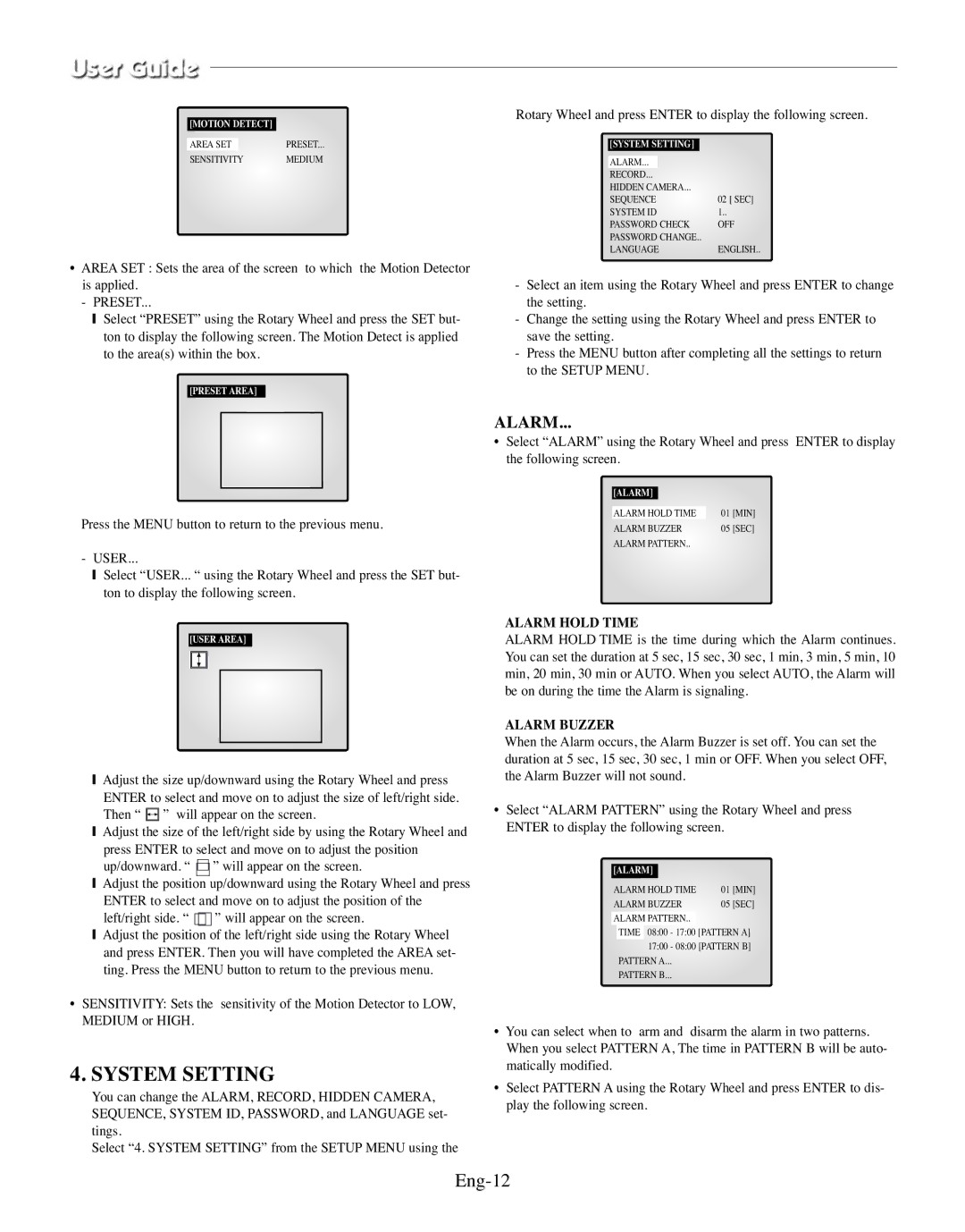 Samsung SMO-150TRP, SMO-150MP/UMG manual System Setting, Eng-12, Alarm Hold Time, Alarm Buzzer 