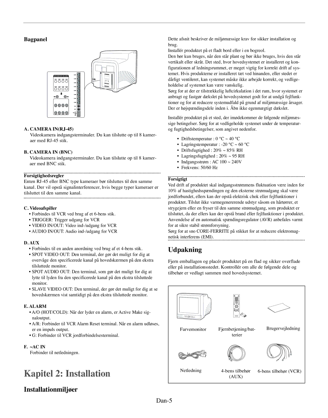 Samsung SMO-150TRP, SMO-150MP/UMG manual Kapitel 2 Installation, Installationmiljøer, Udpakning, Dan-5, Bagpanel 