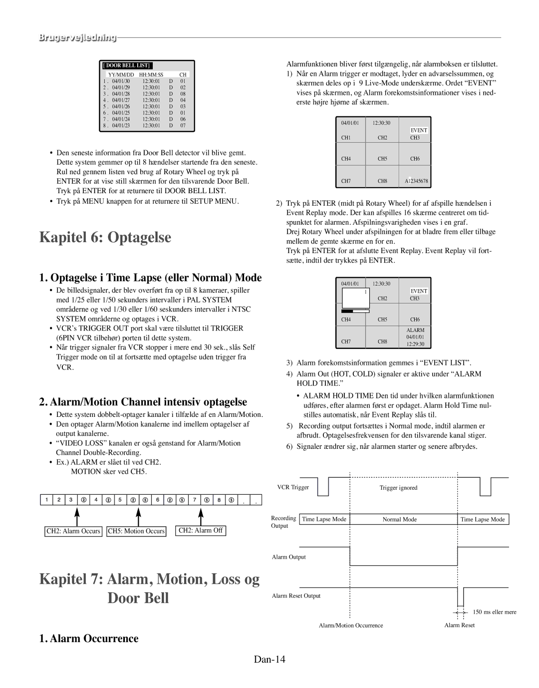 Samsung SMO-150MP/UMG, SMO-150TRP manual Kapitel 6 Optagelse, Kapitel 7 Alarm, Motion, Loss og Door Bell, Dan-14 