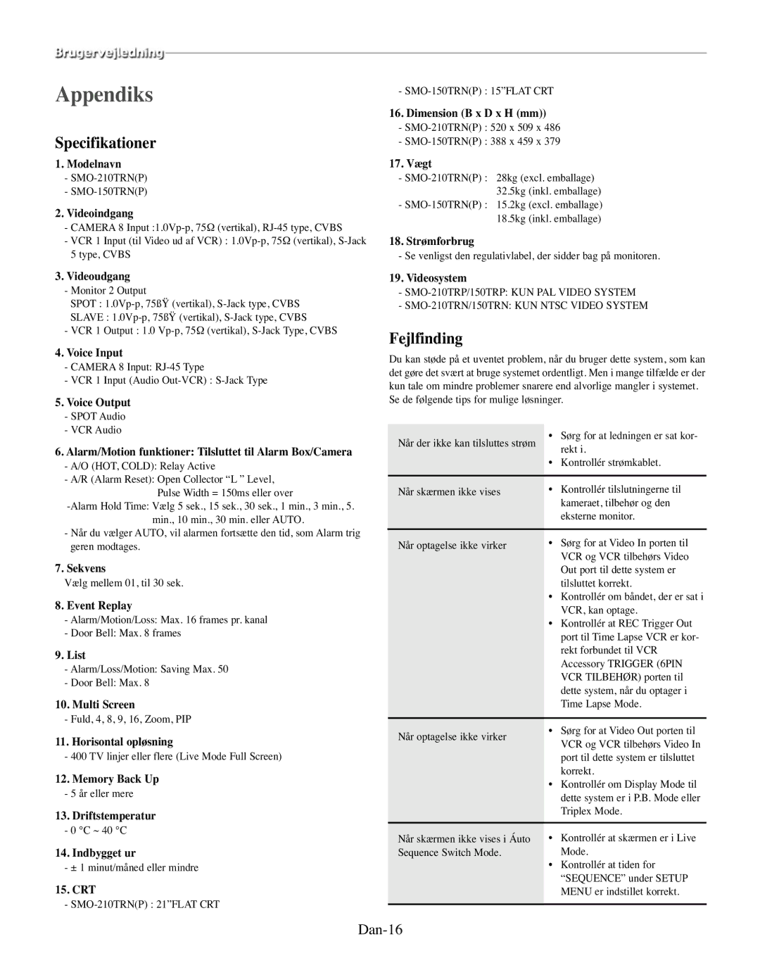 Samsung SMO-150MP/UMG, SMO-150TRP manual Appendiks, Specifikationer, Fejlfinding, Dan-16 