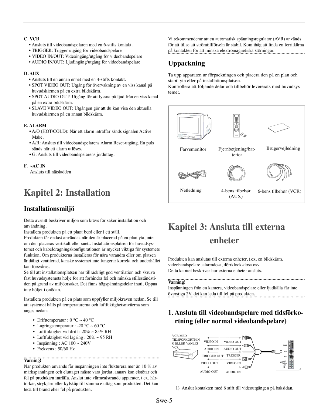 Samsung SMO-150MP/UMG, SMO-150TRP manual Kapitel 3 Ansluta till externa enheter, Installationsmiljö, Uppackning, Swe-5 