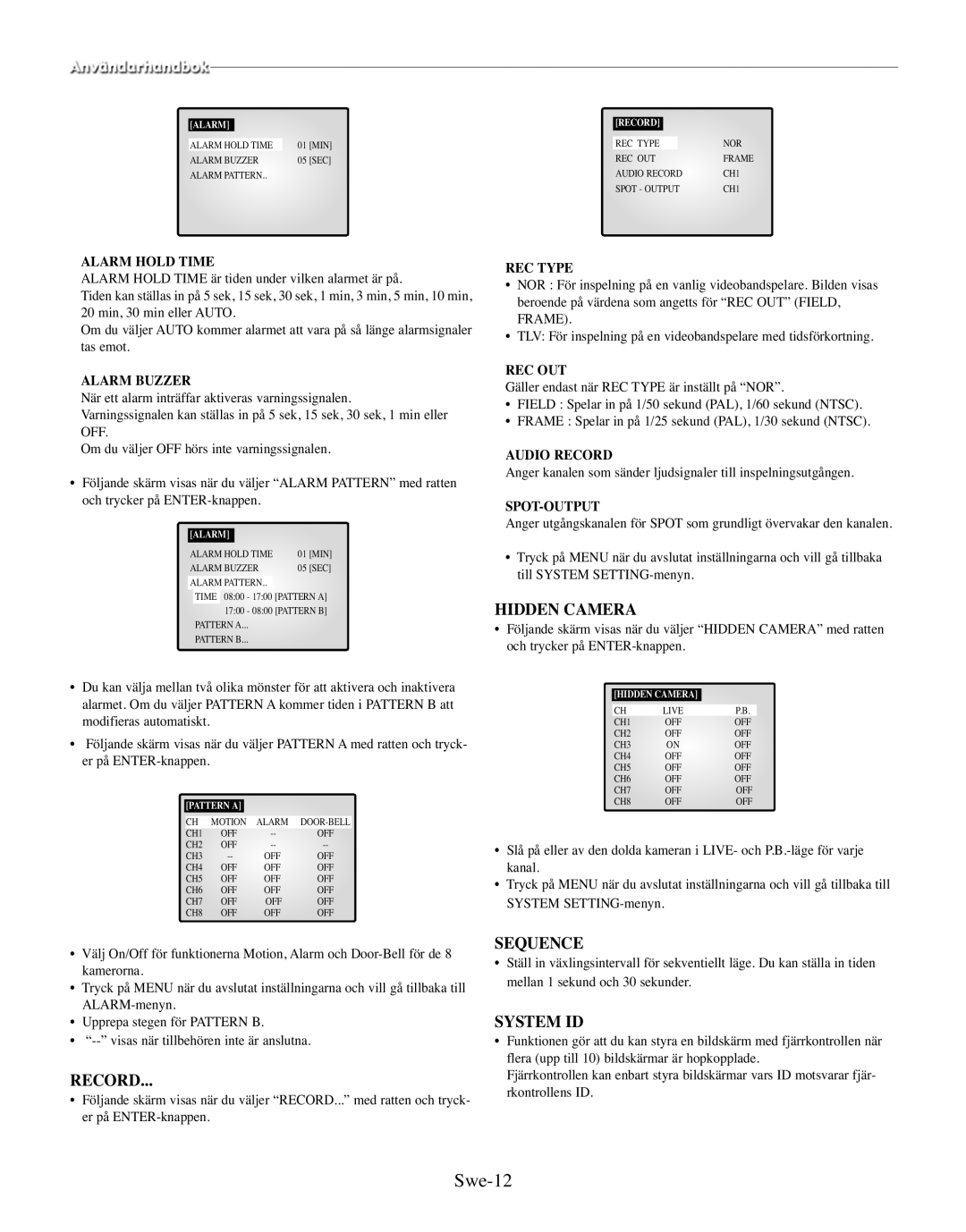 Samsung SMO-150TRP, SMO-150MP/UMG manual Swe-12, Alarm Record 