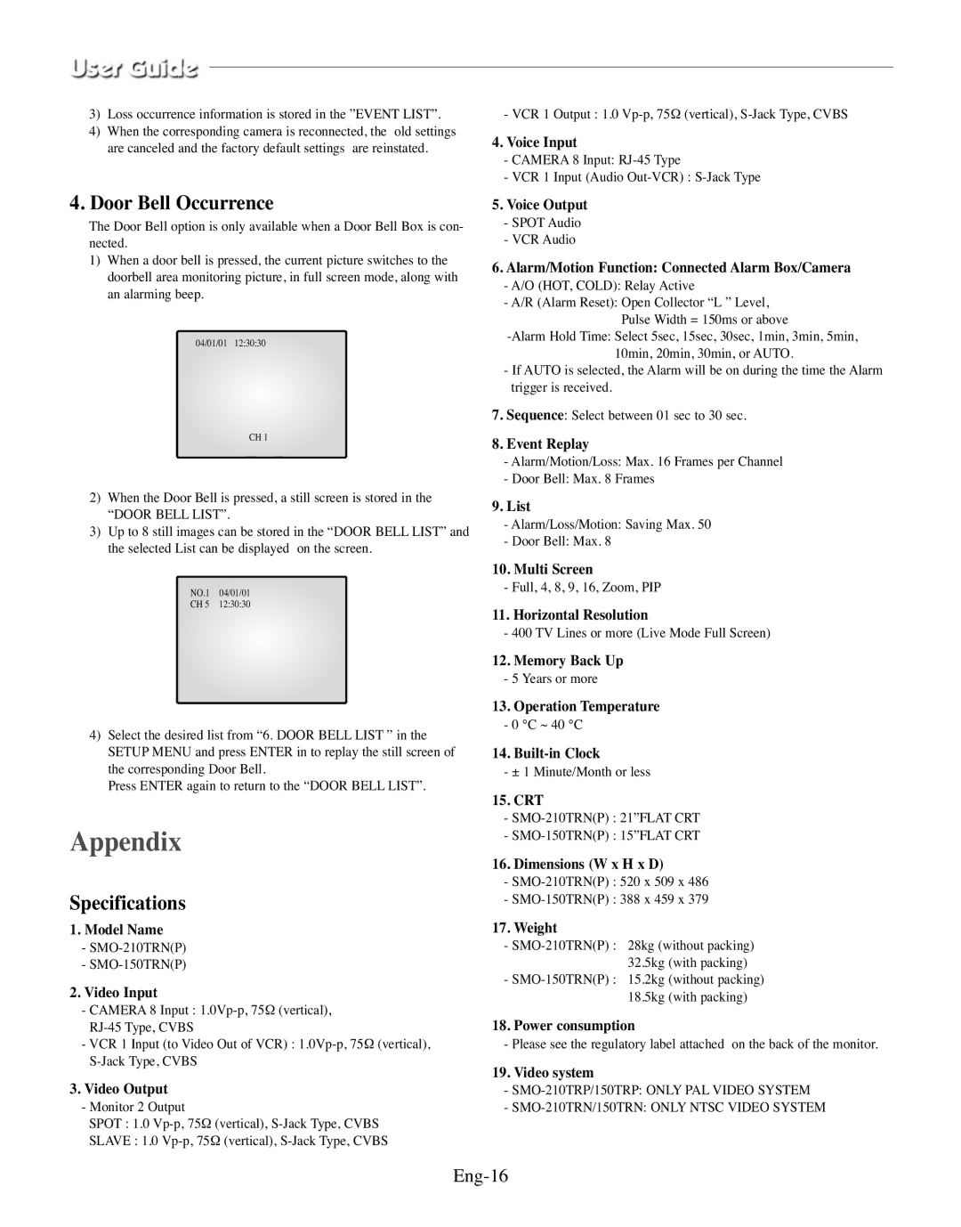 Samsung SMO-150TRP, SMO-150MP/UMG manual Appendix, Door Bell Occurrence, Specifications, Eng-16 