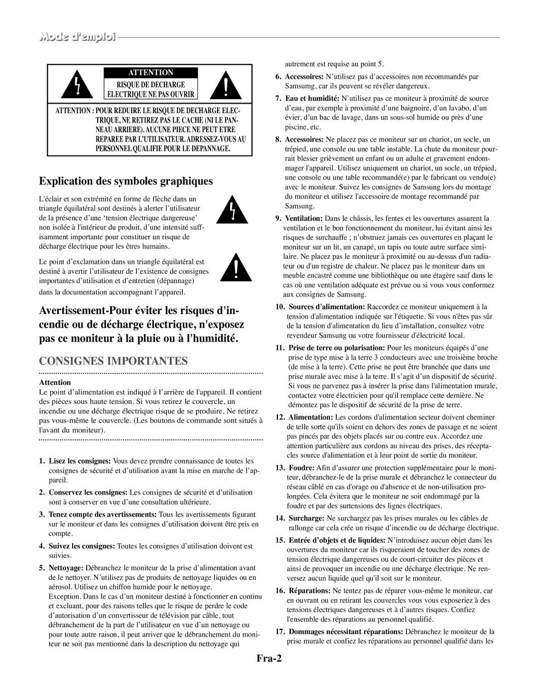 Samsung SMO-150MP/UMG manual Explication des symboles graphiques, Fra-2, Dans la documentation accompagnant l’appareil 