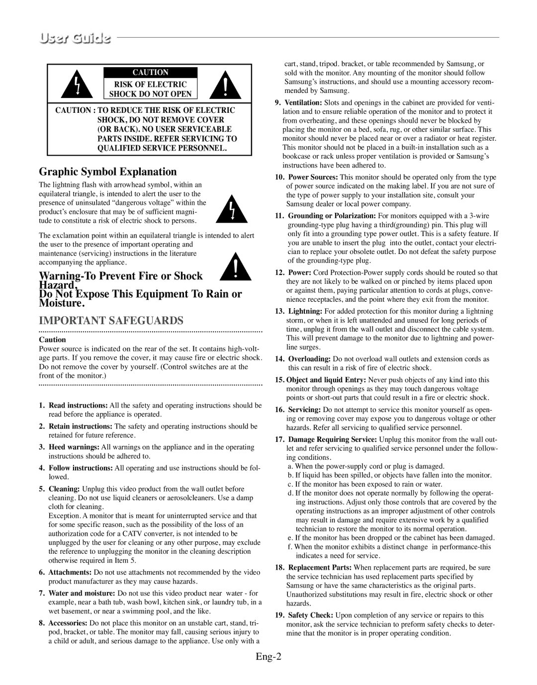 Samsung SMO-150TRP, SMO-150MP/UMG manual Graphic Symbol Explanation, Do Not Expose This Equipment To Rain or Moisture, Eng-2 