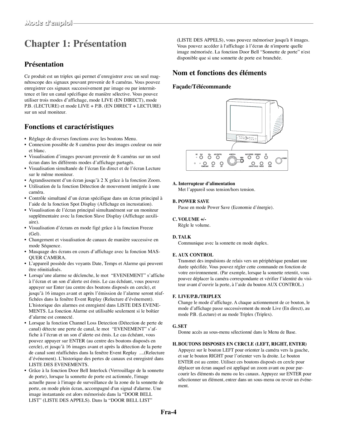 Samsung SMO-150MP/UMG, SMO-150TRP manual Présentation, Fonctions et caractéristiques, Nom et fonctions des éléments, Fra-4 