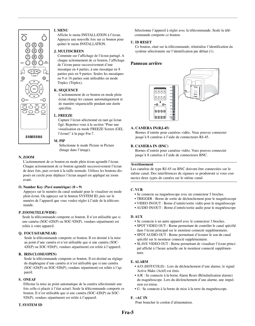 Samsung SMO-150TRP, SMO-150MP/UMG manual Fra-5, Panneau arrière, Number Key Pavé numérique 0 ~, Avertissement 