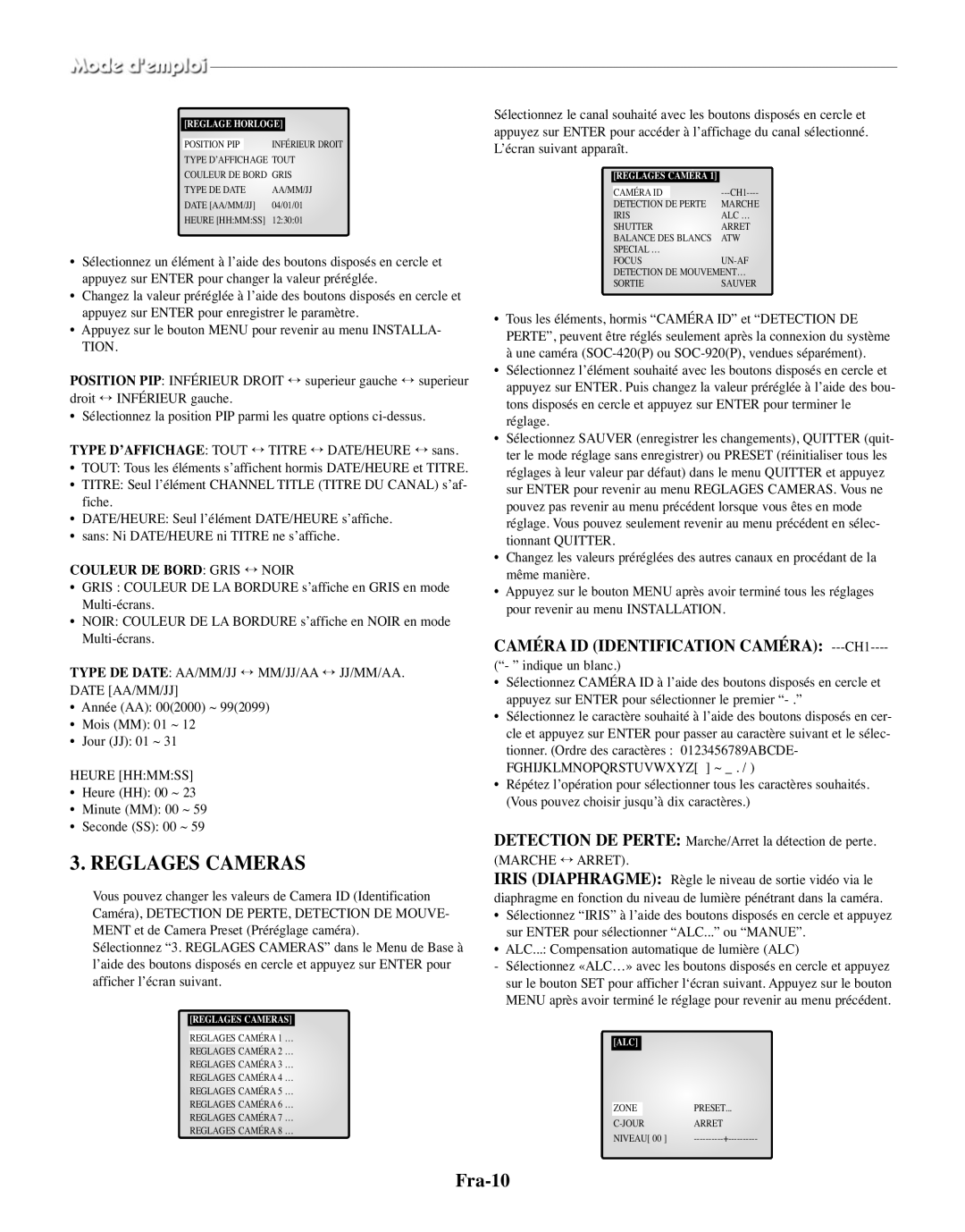 Samsung SMO-150MP/UMG, SMO-150TRP manual Reglages Cameras, Fra-10, Couleur DE Bord Gris ↔ Noir, Heure Hhmmss 