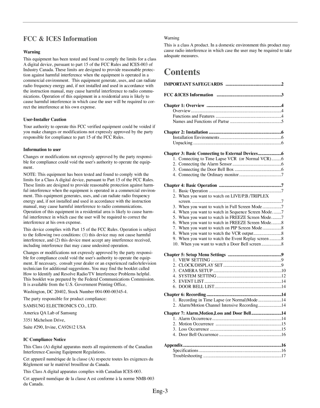 Samsung SMO-150MP/UMG, SMO-150TRP manual Contents 