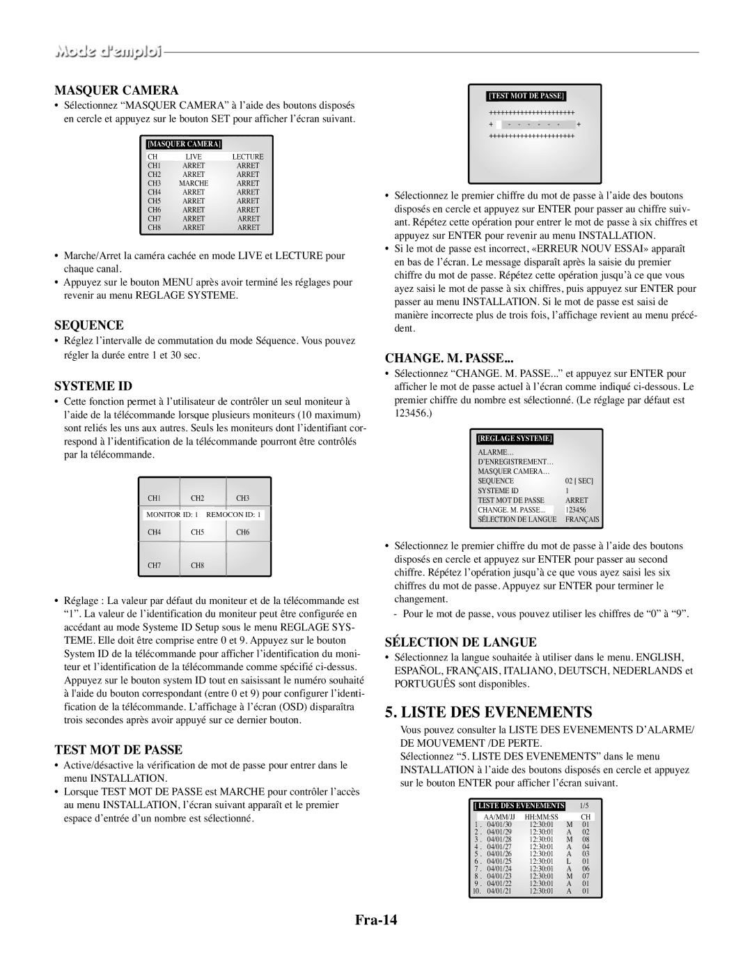 Samsung SMO-150MP/UMG, SMO-150TRP manual Liste DES Evenements, Fra-14 