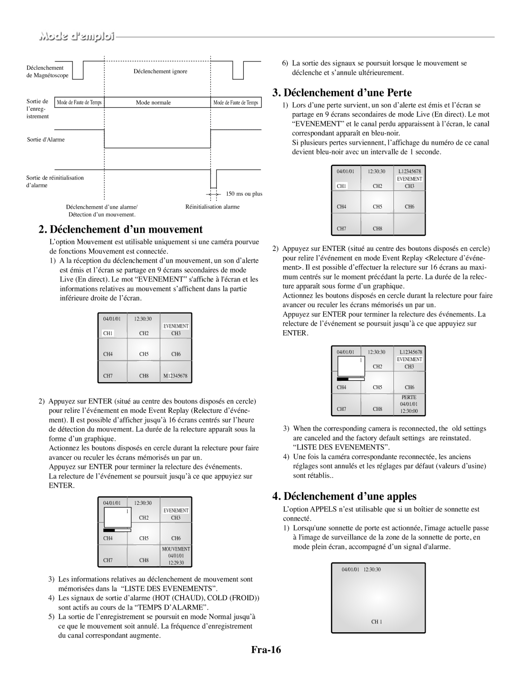 Samsung SMO-150MP/UMG manual Déclenchement d’un mouvement, Déclenchement d’une Perte, Déclenchement d’une apples, Fra-16 