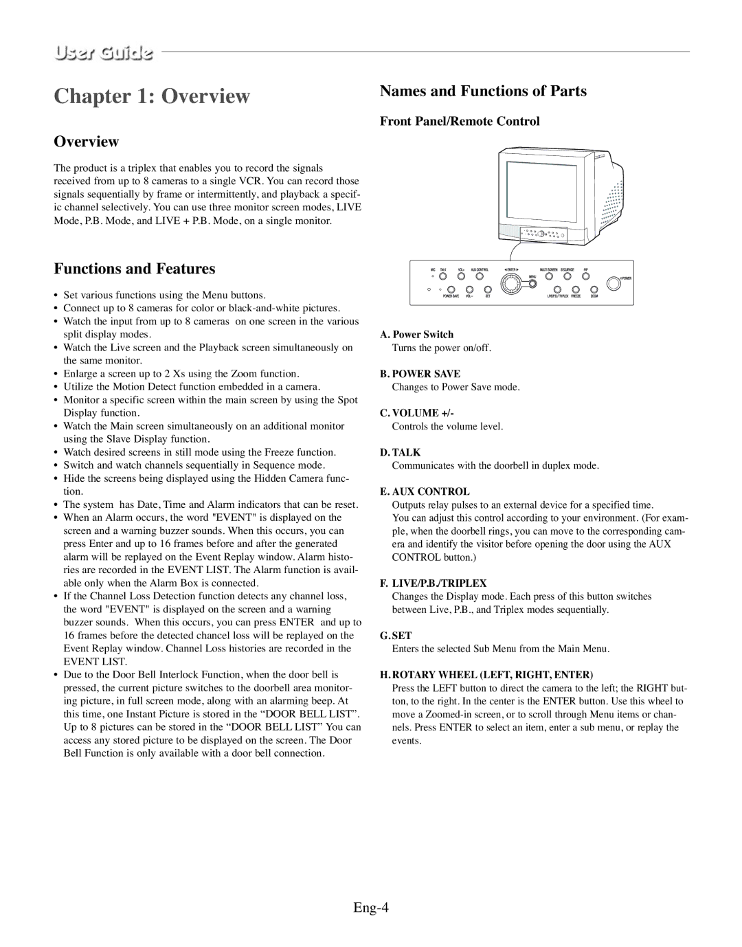 Samsung SMO-150TRP, SMO-150MP/UMG manual Overview, Names and Functions of Parts, Functions and Features, Eng-4 