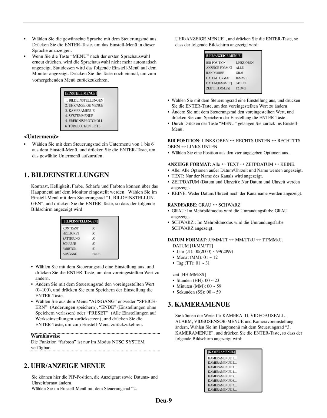 Samsung SMO-150MP/UMG, SMO-150TRP manual Bildeinstellungen, UHR/ANZEIGE Menue, Kameramenue, Deu-9, Untermenü 