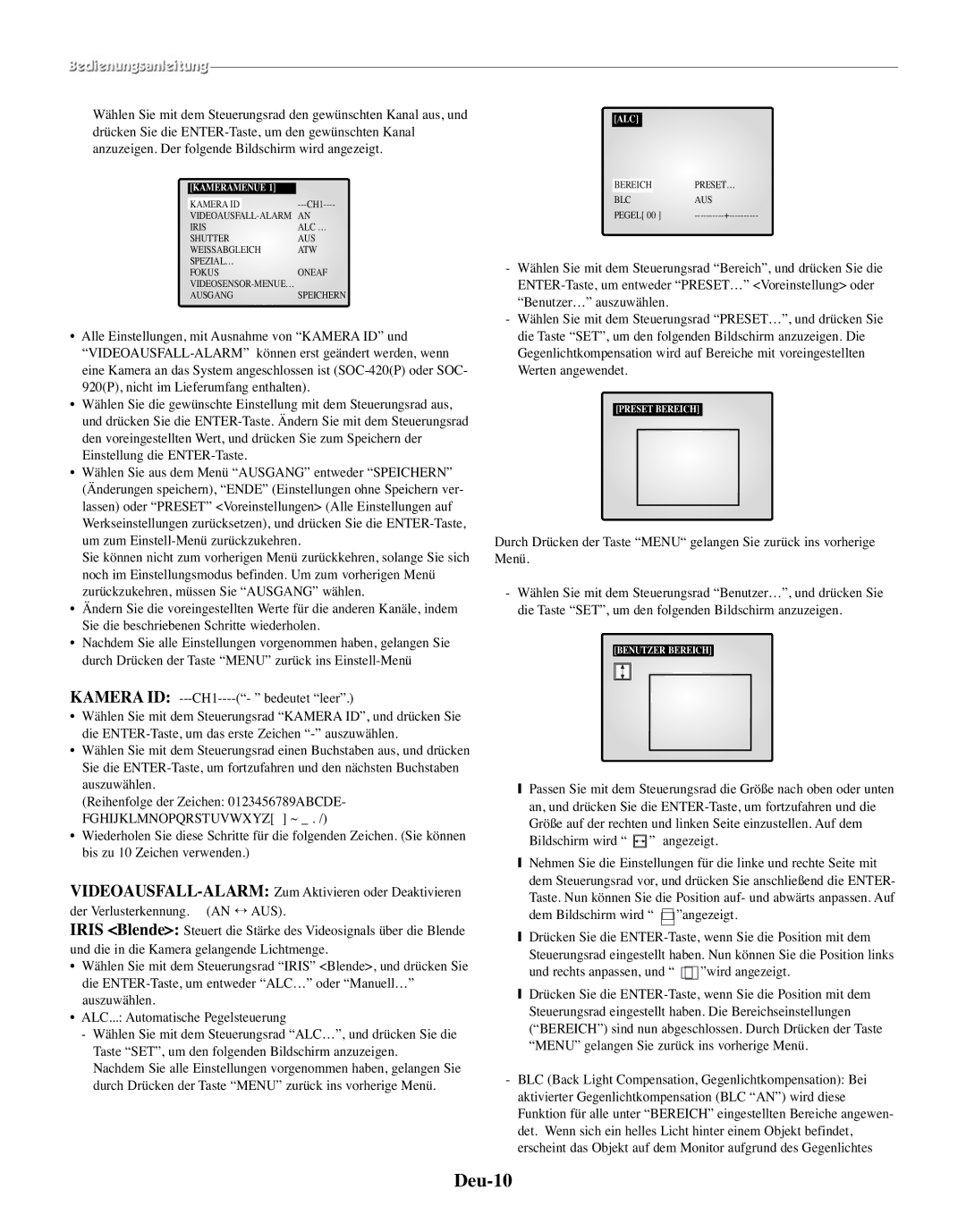 Samsung SMO-150TRP, SMO-150MP/UMG manual Deu-10, Preset Bereich, Benutzer Bereich 