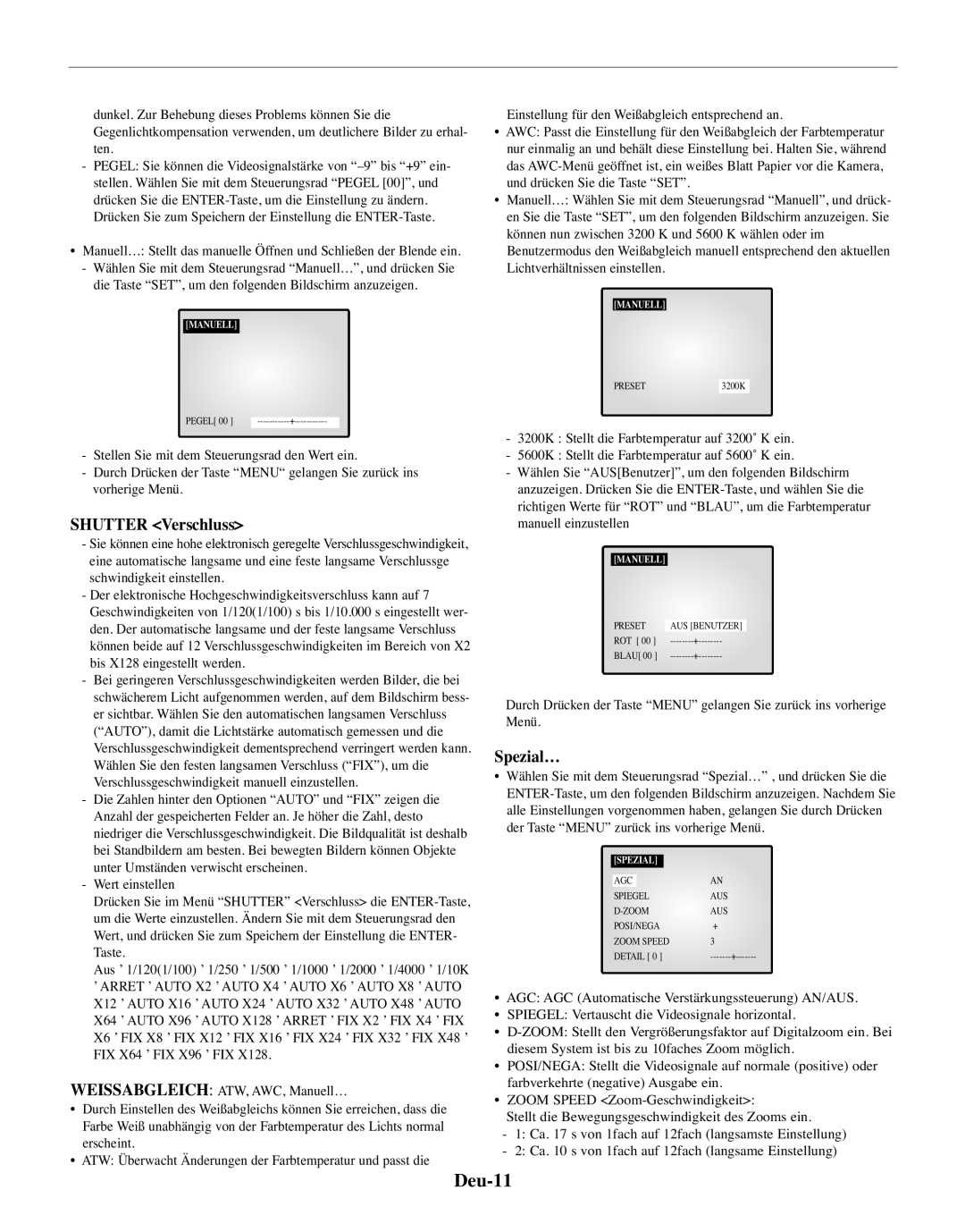 Samsung SMO-150MP/UMG, SMO-150TRP manual Deu-11, Shutter Verschluss, Spezial…, Manuell 