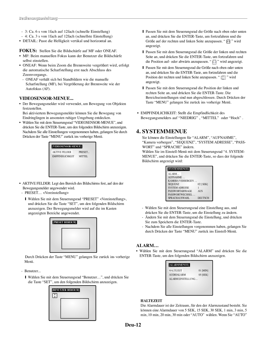 Samsung SMO-150TRP, SMO-150MP/UMG manual Systemmenue, Deu-12, Videosensor-Menue, Alarm…, Haltezeit 